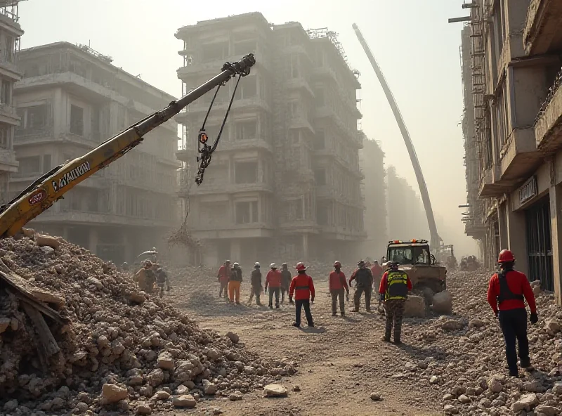 A photo of a collapsed building with emergency responders searching through the debris.