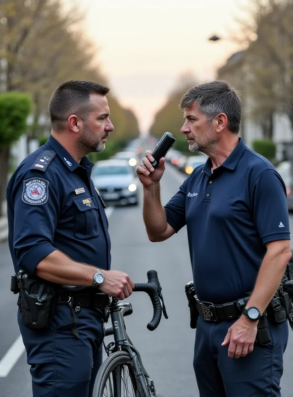 A police officer administering a breathalyzer test to a cyclist.