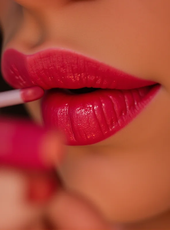 Close-up image of a hand applying a $6 lip stain, with a focus on the vibrant color and smooth application, with Benetint product blurred in the background.