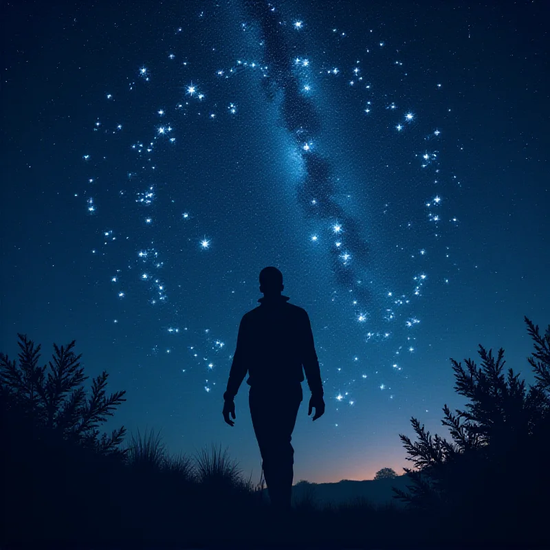 Digital art depiction of the night sky, with constellations forming zodiac signs, and a subtle silhouette of Shaquille O'Neal in the background.