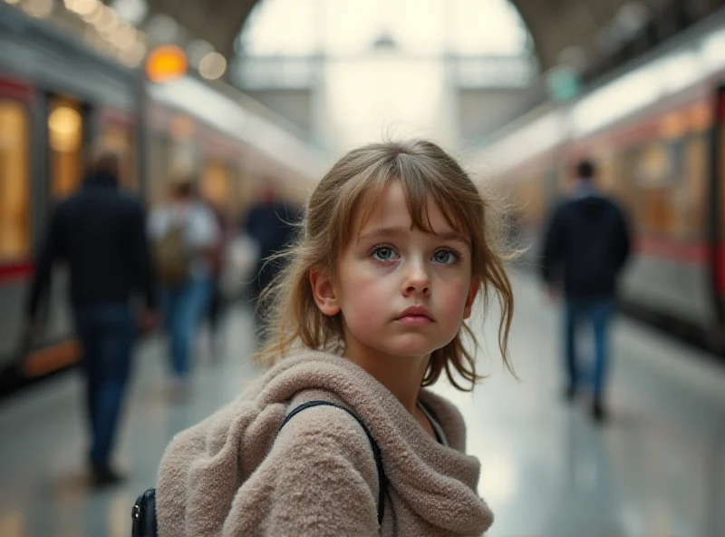 A young girl standing alone in a busy train station, looking slightly confused. Focus on her and blurred background of people and trains.