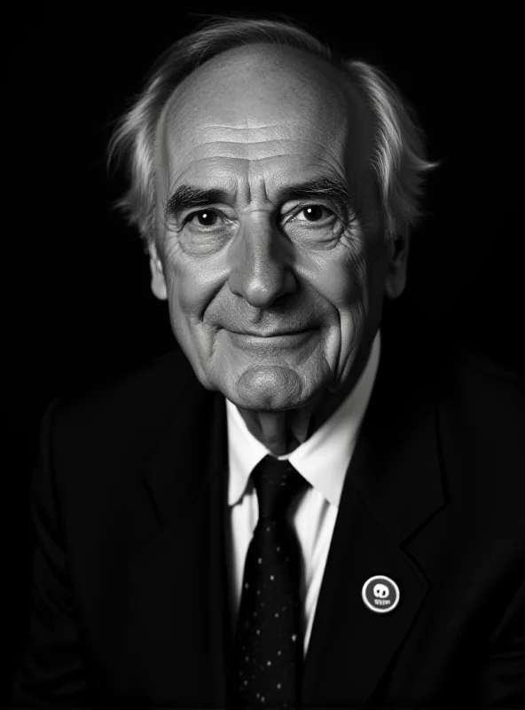 A black and white portrait of an older man with a determined expression, possibly holding a WWF logo or wearing a WWF pin.