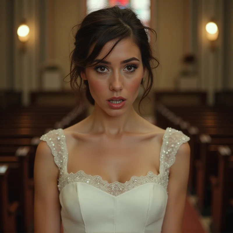 A woman in a wedding dress with a distressed expression, possibly with torn fabric or disheveled hair, standing in a church or wedding venue. Focus on her face and body language to convey panic and distress.