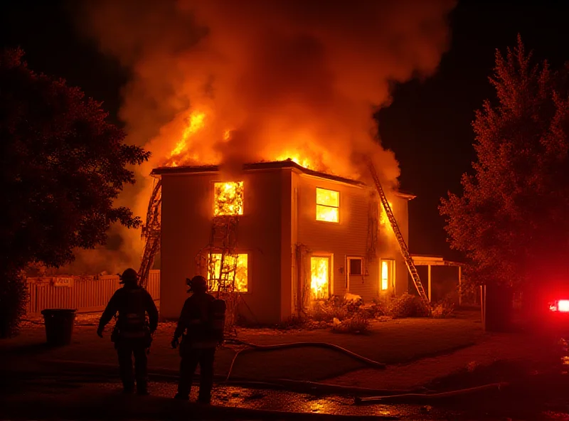 A dramatic scene of a burning house at night, firefighters battling the blaze.