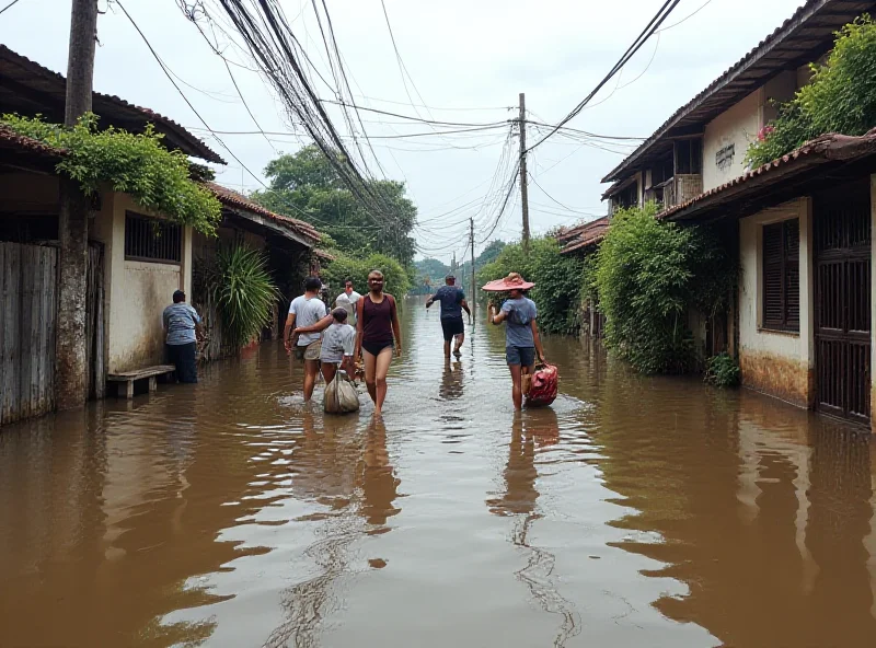 A flooded street in Melaka with houses submerged in water and people wading through the water.