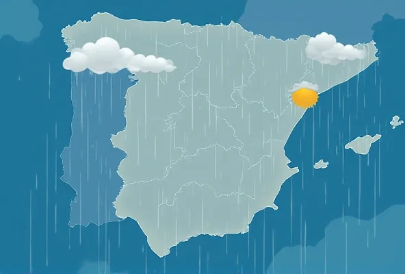 A stylized vector graphic depicting storm clouds and heavy rain over a map of Spain, highlighting the affected regions.