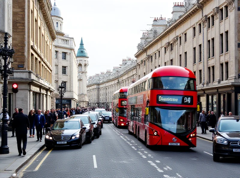 A busy street in London with red buses and black cabs