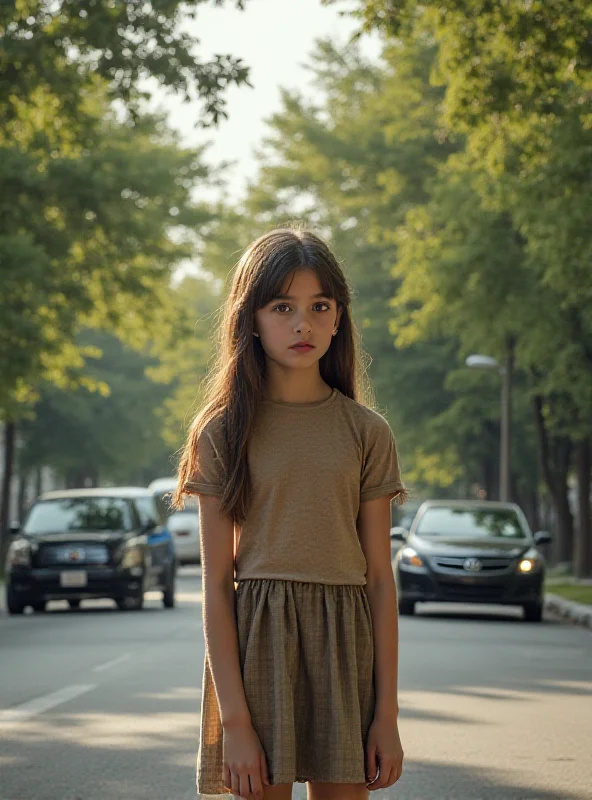 A young girl standing at a bus stop, looking thoughtful