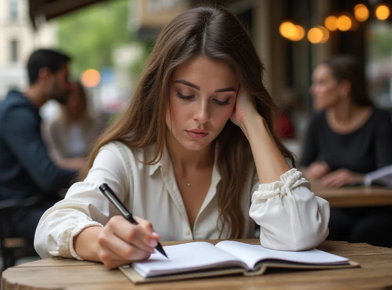 A young woman sitting at a cafe table, writing in a notebook, deep in thought.