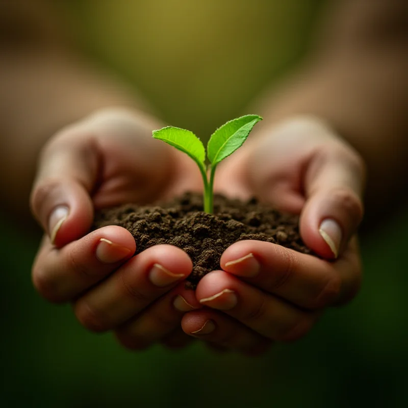 A close-up image of two hands gently holding a sapling, symbolizing growth and interconnectedness.