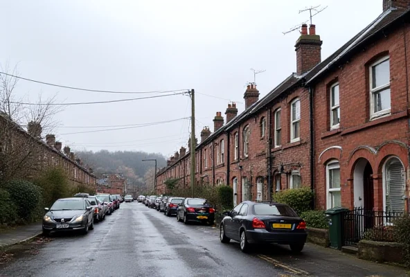 A street scene in South Wales with terraced houses.