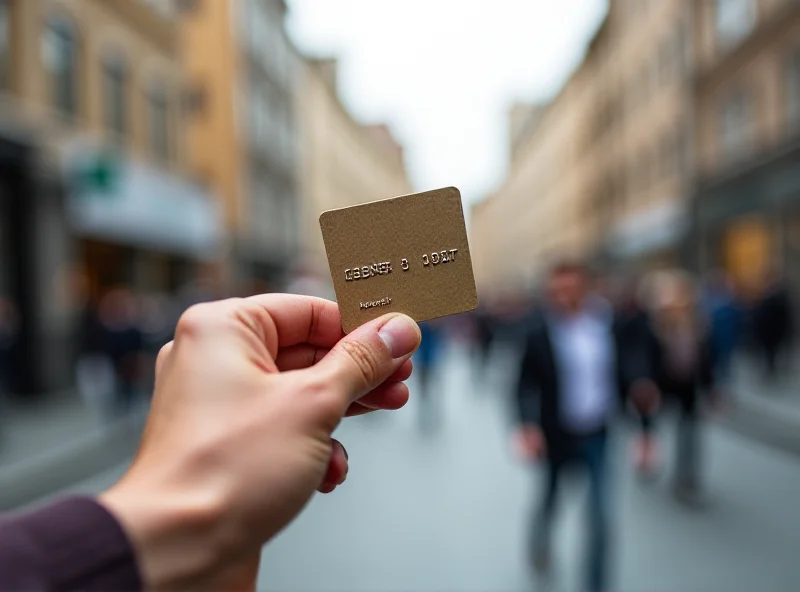 A close-up shot of a person holding a generic payment card with a blurred background of a city street.