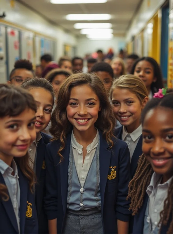 A group of diverse schoolchildren wearing similar uniforms, smiling and interacting in a school hallway.