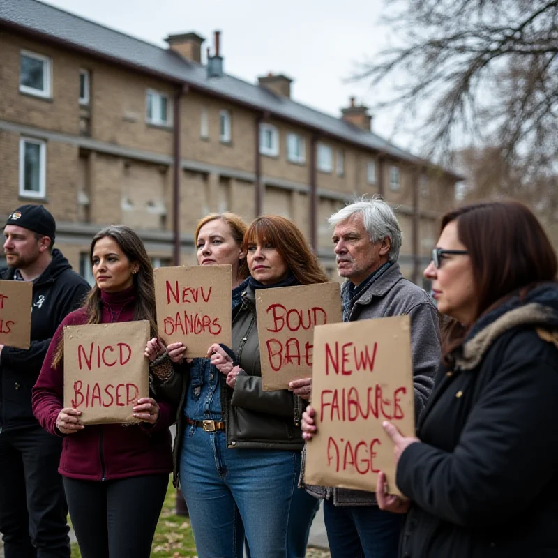 A group of concerned parents standing outside a school, holding signs and banners protesting the high failure rate of trial lessons.