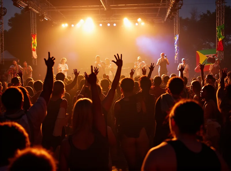 A vibrant reggae festival scene with people dancing and enjoying music.