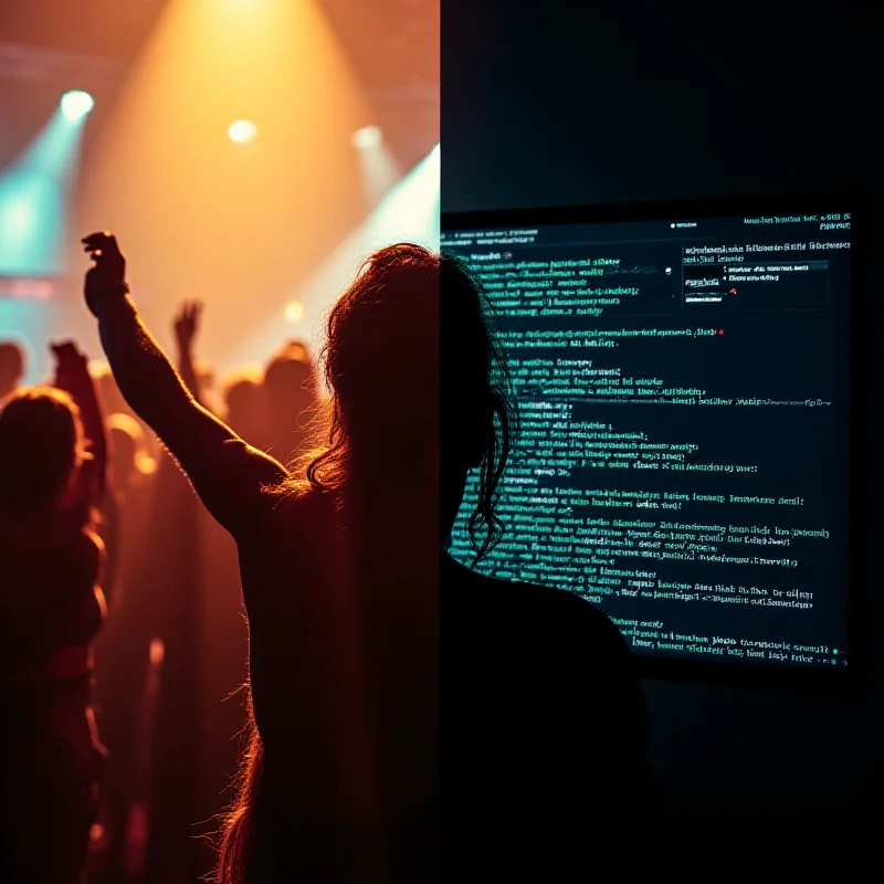 A split image showing a lively reggae festival on one side and a dark screen with code representing cybercrime on the other.