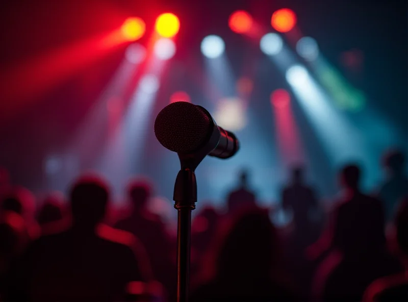 Close-up of a microphone on stage, bathed in colorful stage lights, representing the upcoming reggae festival.