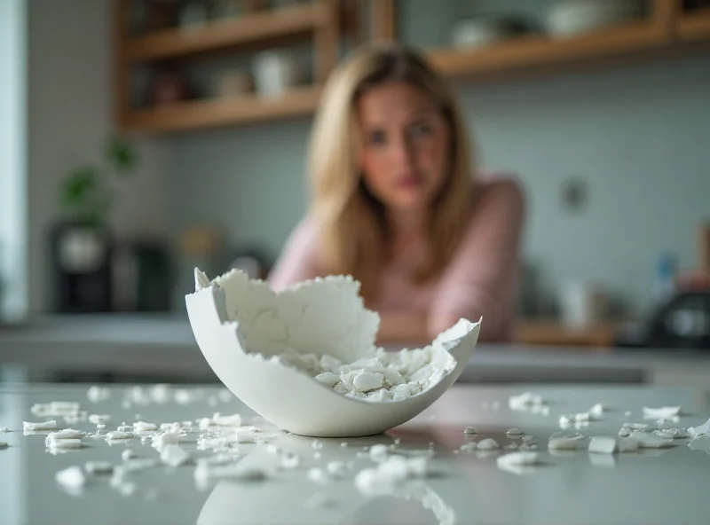 A worried person looking at a shattered ceramic bowl on a kitchen counter.