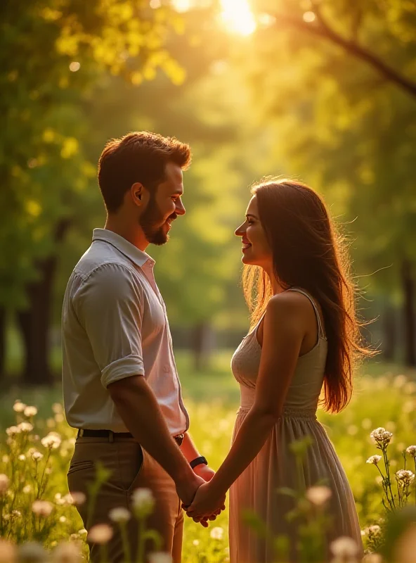 A happy couple holding hands and smiling at each other in a park.