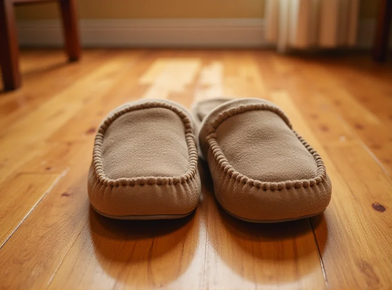 A pair of comfortable-looking men's slippers on a wooden floor.