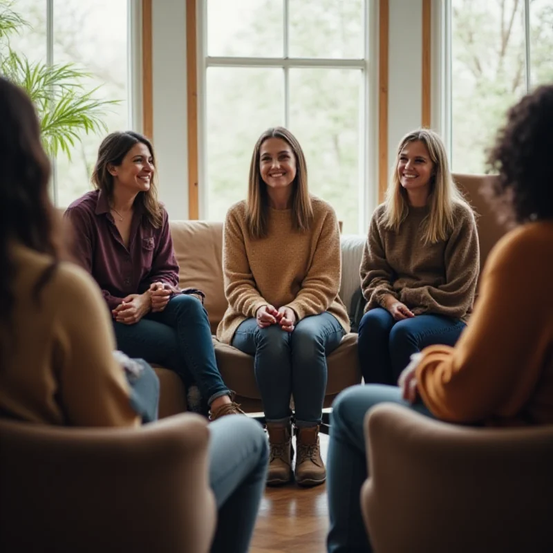 A diverse group of people sitting in a circle, smiling and listening attentively during a group therapy session