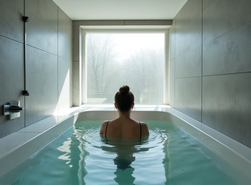 A serene home spa scene with a person enjoying a cold plunge in a minimalist bathroom setting.