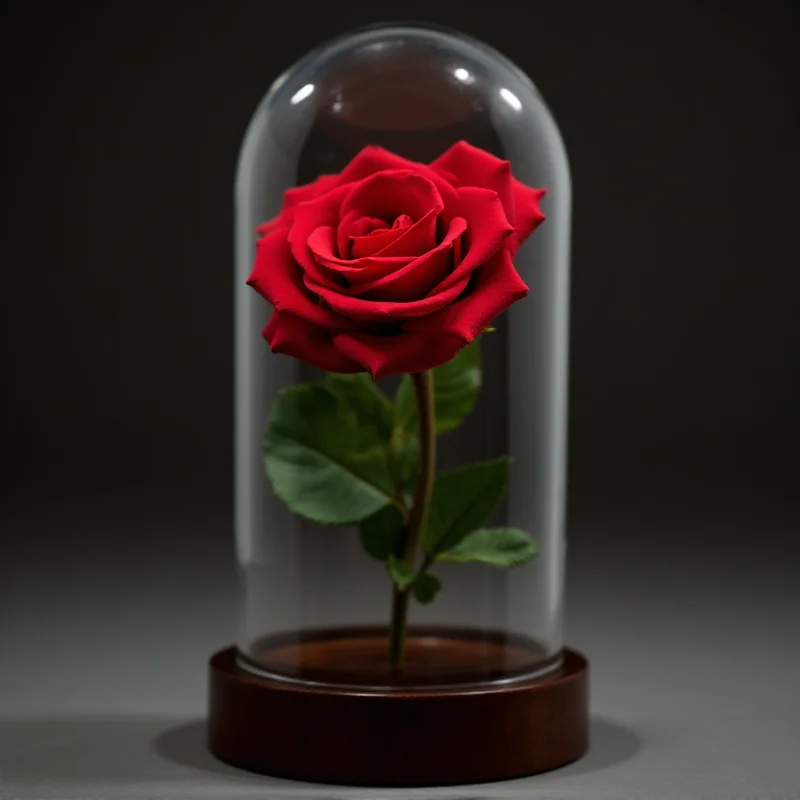 A close-up shot of a single, perfectly preserved red rose in a clear glass dome, showcasing its timeless beauty.