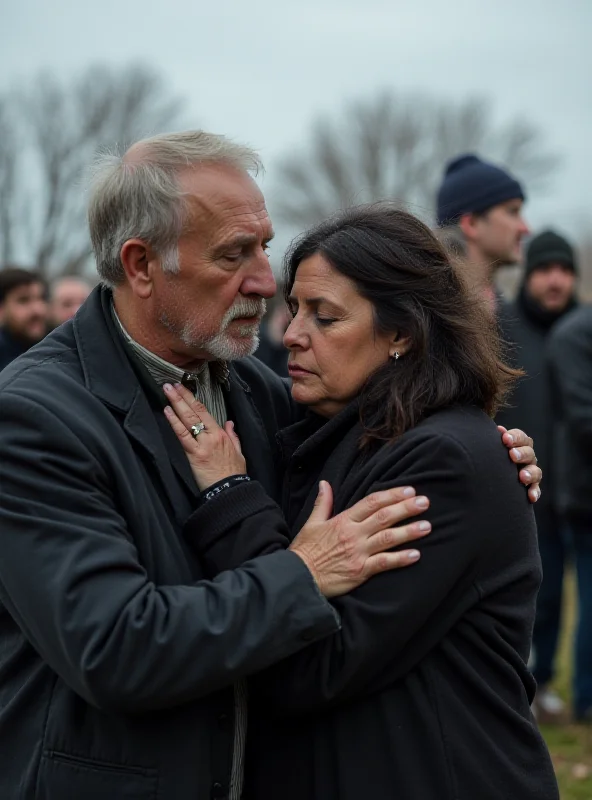 A grieving family member being comforted by another person, with a backdrop of somber, overcast sky.