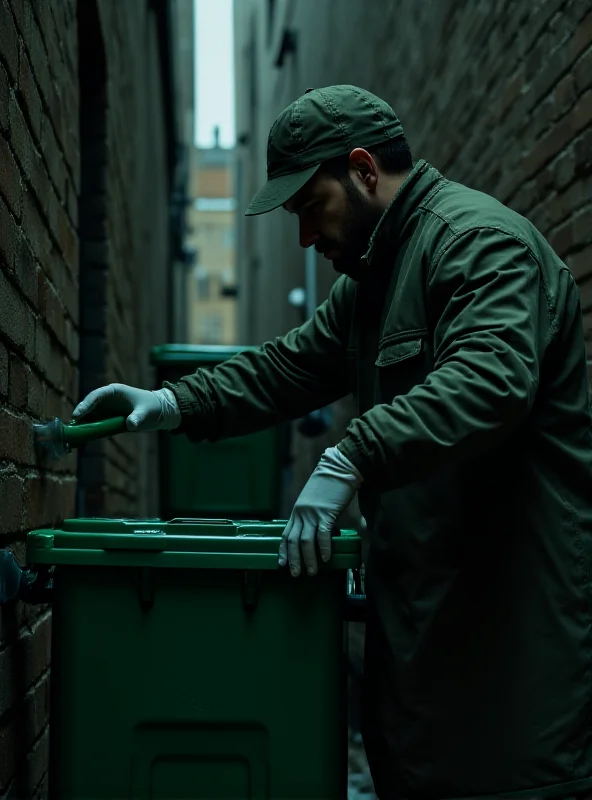 A detective examining a garbage container in a dimly lit alleyway