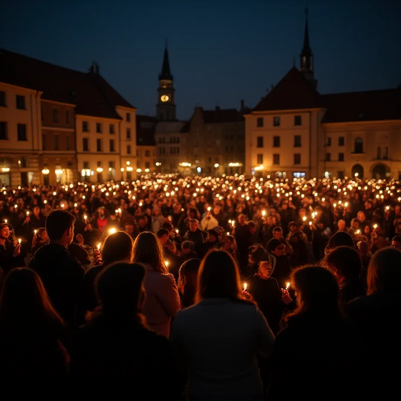 A candlelit vigil in a town square at night