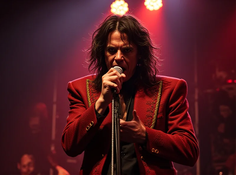 David Johansen performing on stage with the New York Dolls, wearing flamboyant clothing and makeup.