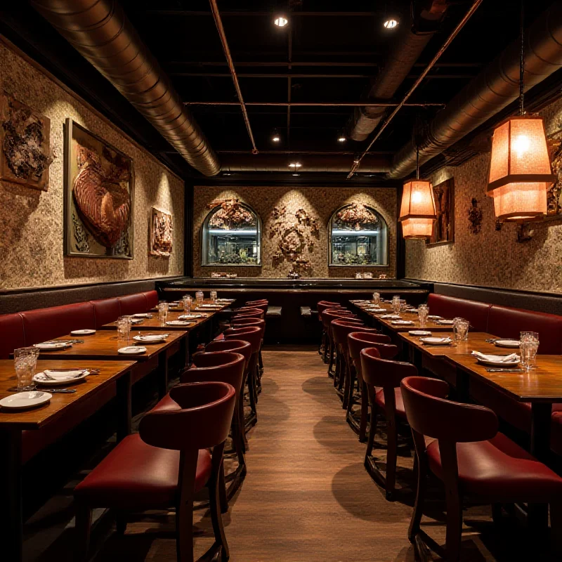 A modern, stylish restaurant interior with Asian-inspired decor, representing Jinja Bar & Bistro in Santa Fe.