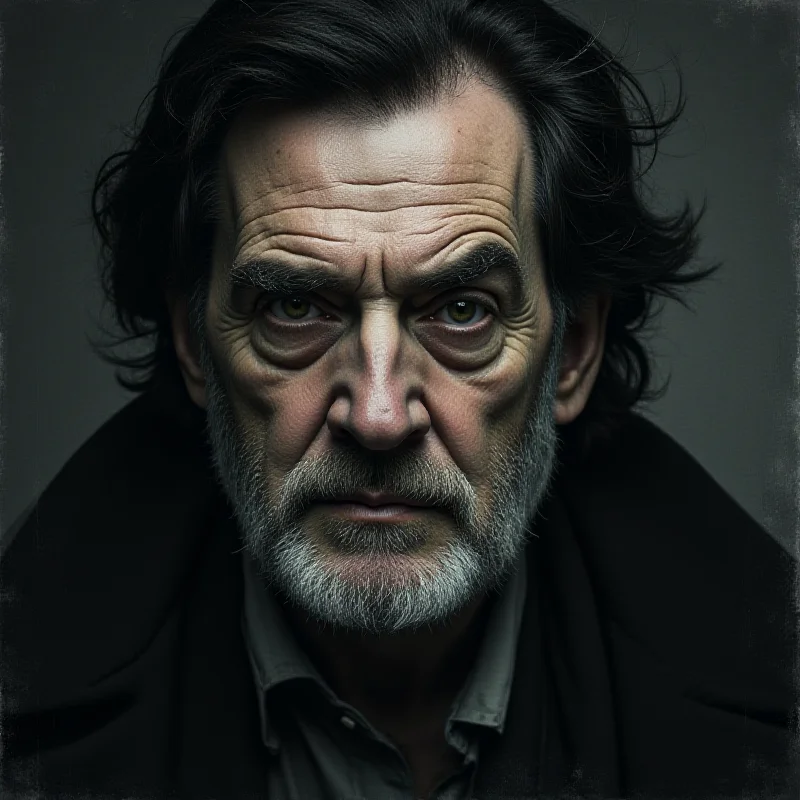 A stylized portrait of Stanley Kubrick, emphasizing his intense gaze.