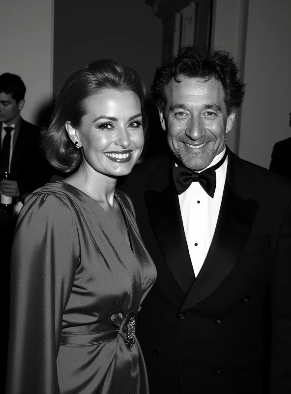 A black and white photo of Eleonora Giorgi and Massimo Ciavarro smiling together.