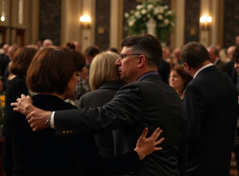 A wide shot of a funeral service with people gathered, expressing sadness and support.