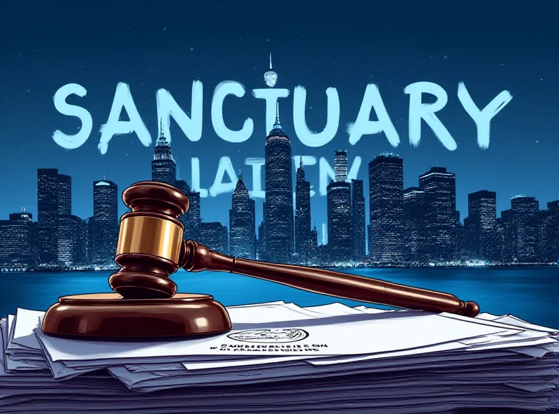 Illustration of a city skyline with the words Sanctuary City overlaid and a gavel in the foreground.