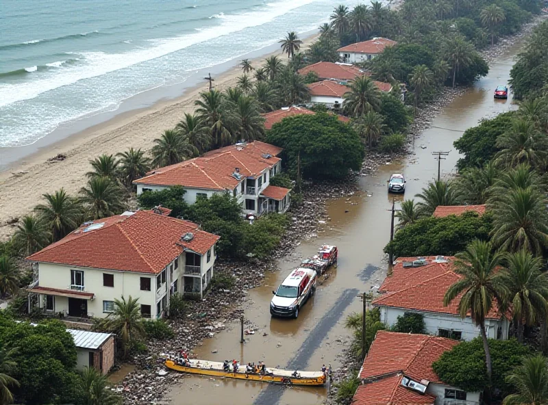 Aerial view of a flooded coastal town in Brazil after a major storm, with destroyed homes and infrastructure visible.