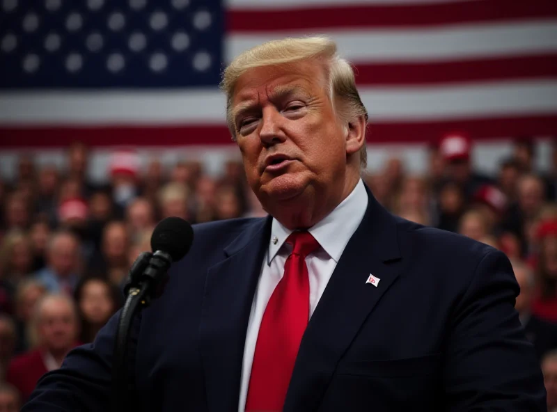 Donald Trump addressing a crowd, looking serious, with the American flag in the background.