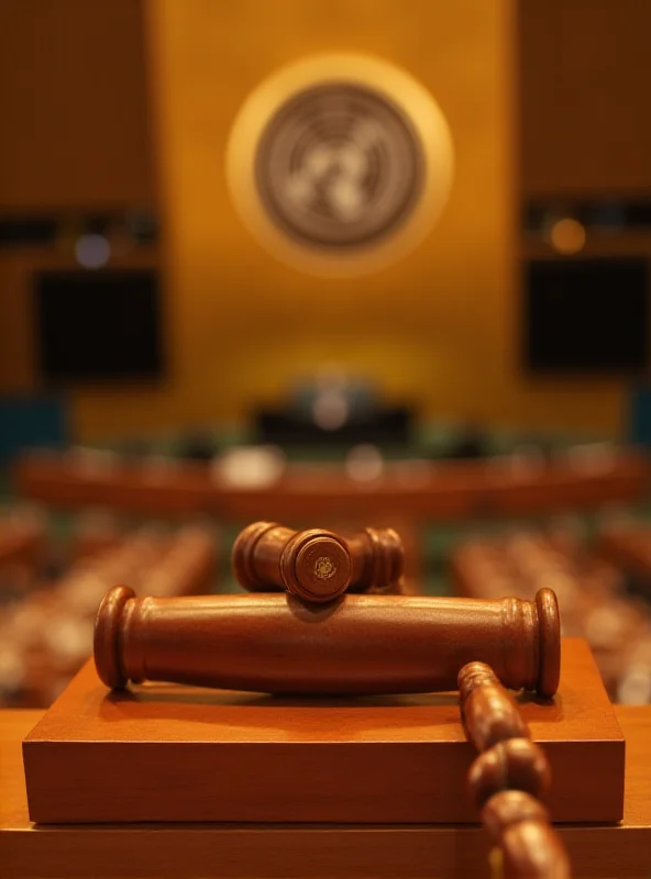 A gavel resting on a wooden stand in the United Nations General Assembly hall.