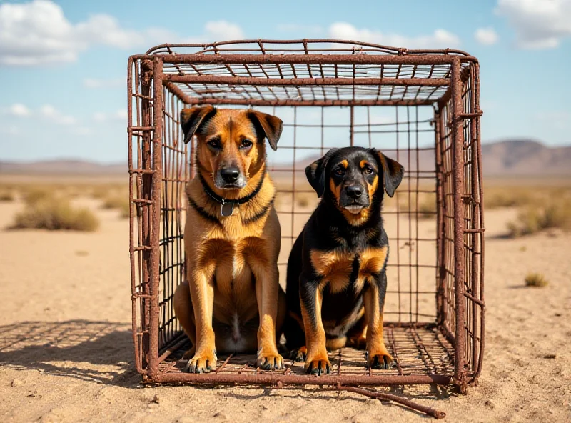 Two rescued dogs in a cage in the desert, looking sad and scared.