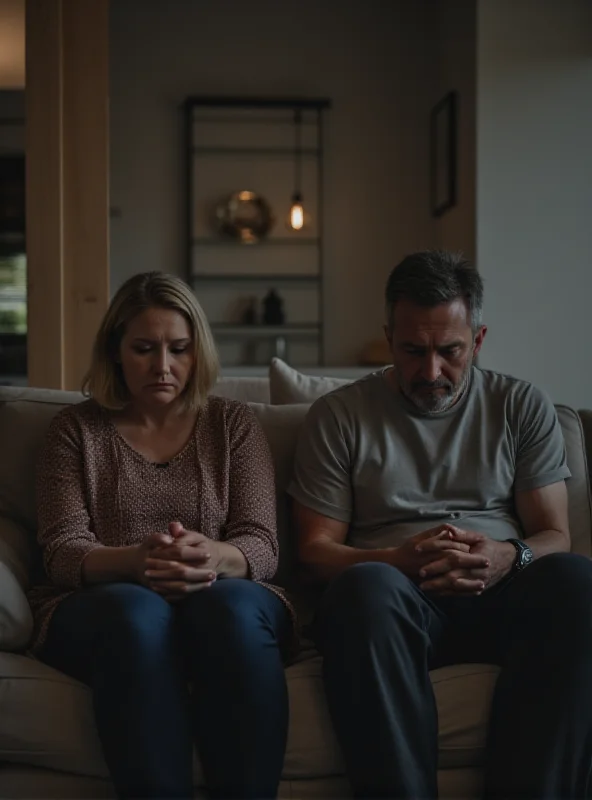 A couple sitting on a couch, looking unhappy and distant from each other.