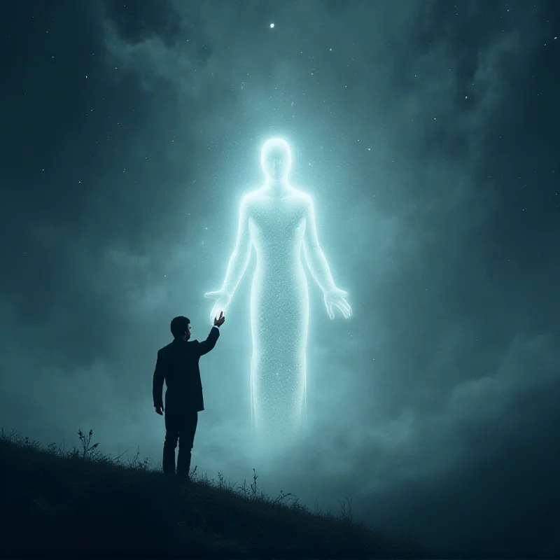 A glowing ethereal figure offering its hand to a silhouetted person.