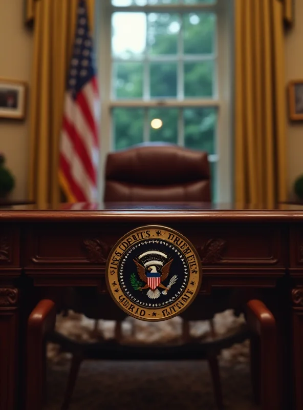 Image of the Oval Office with a photo of Donald Trump visible in the background