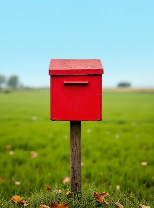 A lone, red Danish mailbox in a rural setting.