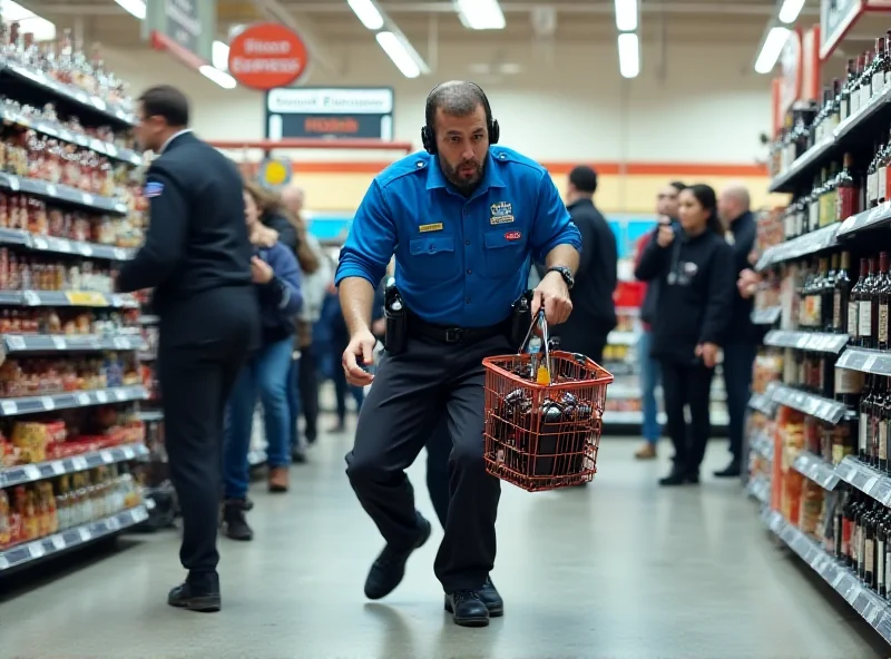 Security guard tackling a shoplifter in a Tesco store