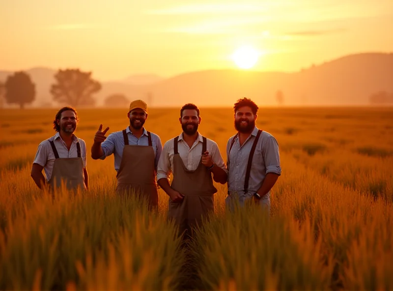 A group of French farmers standing in a field of crops, smiling and waving. The sun is setting in the background, casting a warm glow over the scene.