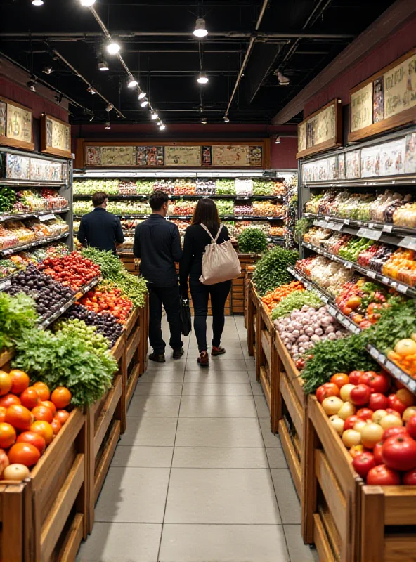 A brightly lit Franprix store in Paris, filled with shoppers. Aisles are stocked with fresh produce and other grocery items. The store has a modern and clean design.