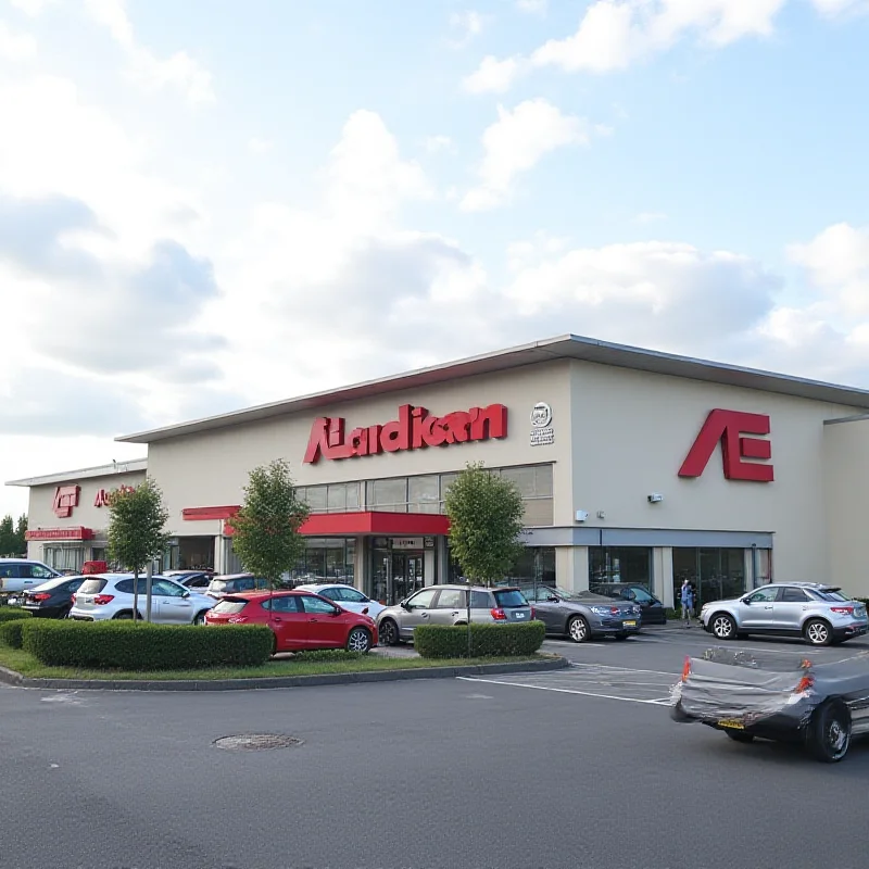 Exterior view of a large Auchan hypermarket. The building is modern and features the Auchan logo prominently. Cars are parked in the foreground.