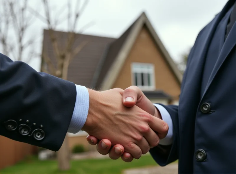 Two people shaking hands in front of a house, symbolizing a seller financing agreement.