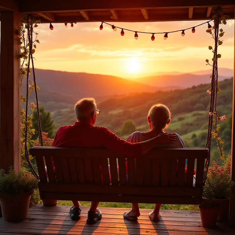 A couple sitting on a porch swing, looking out at a scenic view, symbolizing early retirement.